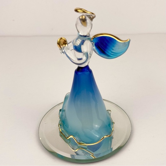 Hand Blown Blue Glass Angel 4 inch Gold Trim on Mirror Praying Hands - Picture 2 of 6